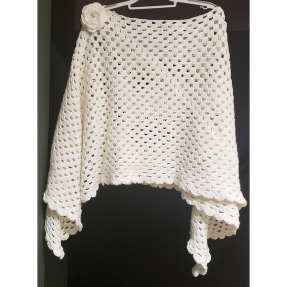 Handmade Jackets & Blazers - Handknitted Cape With Rose Flower Creme Color One Size Fits All Cottage Core